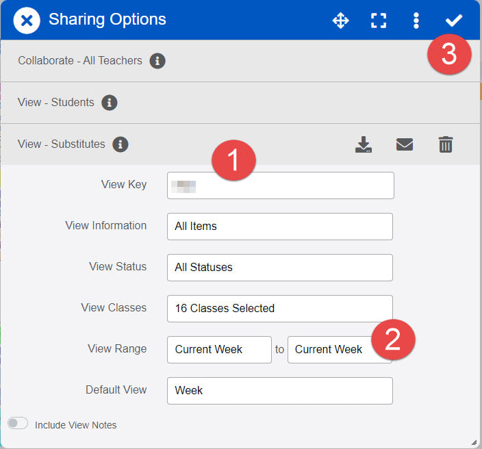 Sharing Options collaborate - all teachers view - students view - substitutes view key 1 view inforamtion all items view status all statuses view classes 16 classes selected view range current week to current week 2 default view week 3 checkmark